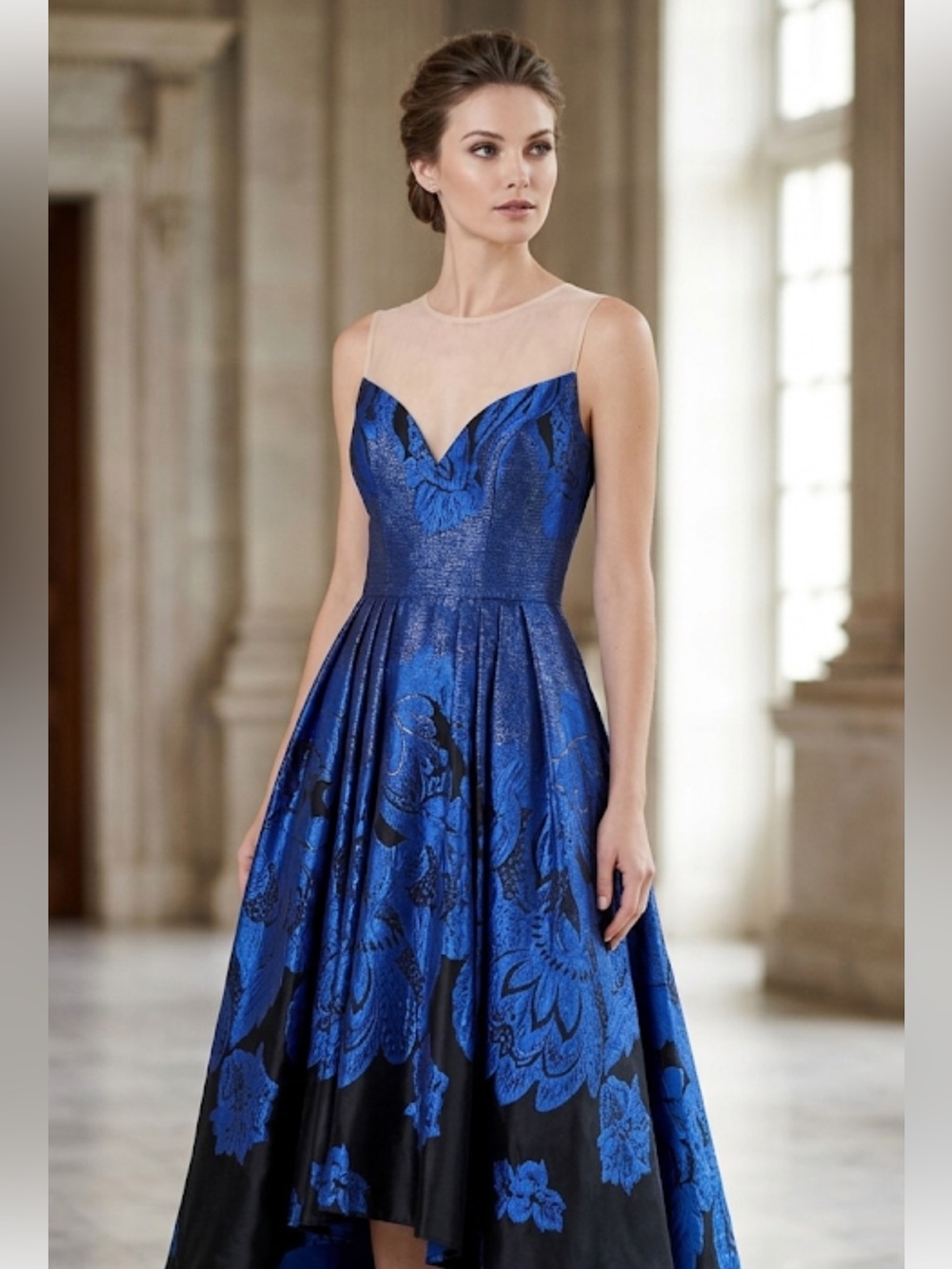 Mon Cheri High Low sleeveless Illusion mesh sweetheart neckline gown